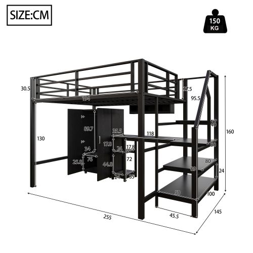 Lit Mezzanine 140x200 Cm Avec Armoire, Étagères, Échelle De Rangement, Bureau, En Métal, Noir