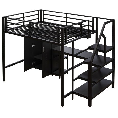 Lit Mezzanine 140x200 Cm Avec Armoire, Étagères, Échelle De Rangement, Bureau, En Métal, Noir