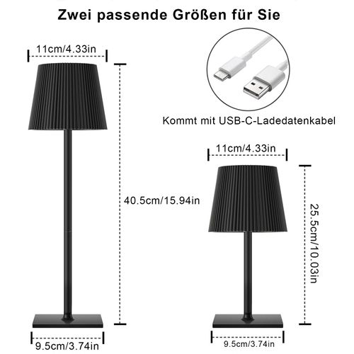 Lampe De Table Plissée Rechargeable 3w LED Métallique Noir Étanche 2 Hauteurs