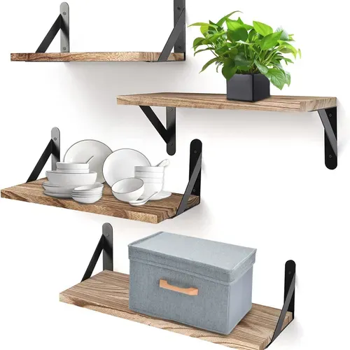 Étagères Murales En Bois - Lot De 4 - Étagères Droites En Bois Massif - Pour Salon, Entrée, Chambre