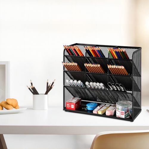 Organiseur De Bureau 10 Compartiments En Métal – Rangement Fournitures Et Accessoires