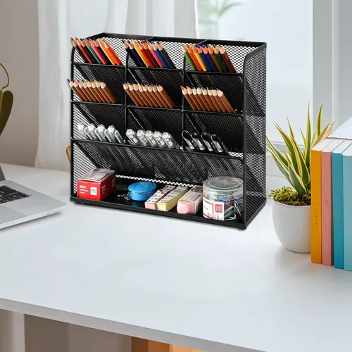 Organiseur De Bureau 10 Compartiments En Métal – Rangement Fournitures Et Accessoires