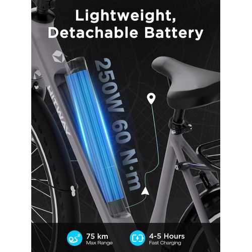 Hitway Vélo électrique 700c, 250w Vae Urbain, Batterie 36v 10.4ah Amovible, Autonomie 40–80 Km