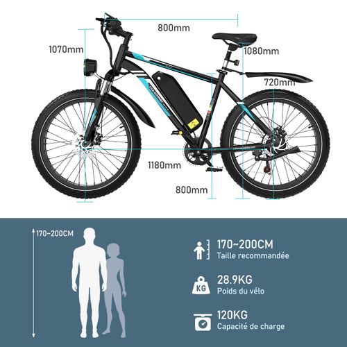 Vélo électrique Vae, Vtt électrique, 26"x4.0 Ville E-bike, Batterie 48v15ah, 7 Vitesses