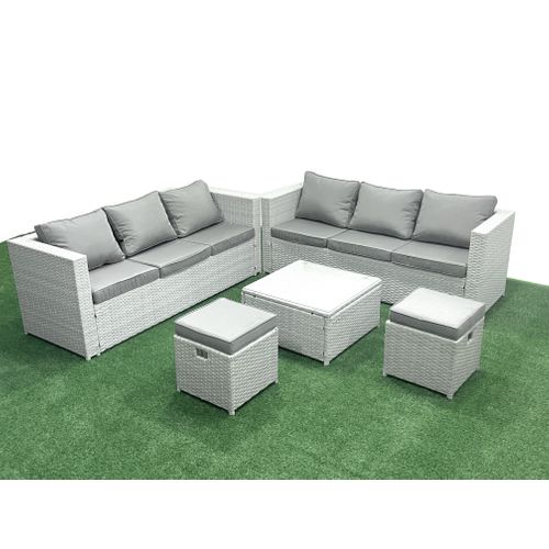 Salon De Jardin Exterieur En Résine 8 Places Avec Canapé 2 Petits Tabourets Gris Clair Mixte
