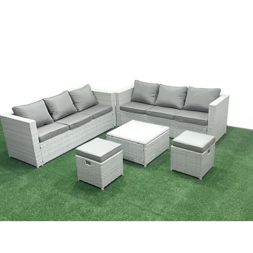 Salon De Jardin Exterieur En Résine 8 Places Avec Canapé 2 Petits Tabourets Gris Clair Mixte
