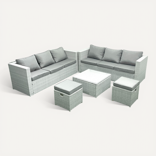 Salon De Jardin Exterieur En Résine 8 Places Avec Canapé 2 Petits Tabourets Gris Clair Mixte