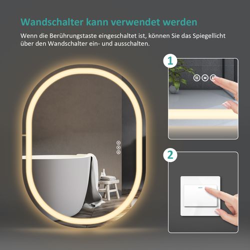 Miroir LED Salle De Bain Ovale 70x50cm Tactile Anti Buée Éclairage LED 3 Couleurs