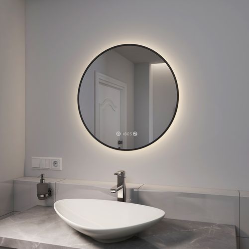 Miroir LED Lumineux Salle De Bain Rond 60cm Anti Buée Horloge Température Neutre Noir