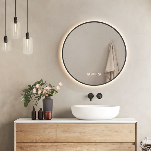 Miroir LED Lumineux Salle De Bain Rond 60cm Anti Buée Horloge Température Neutre Noir