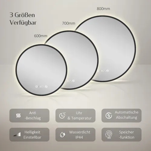 Miroir LED Lumineux Salle De Bain Rond 60cm Anti Buée Horloge Température Neutre Noir