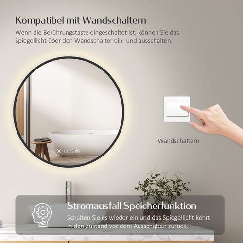 Miroir LED Lumineux Salle De Bain Rond 60cm Anti Buée Horloge Température Neutre Noir