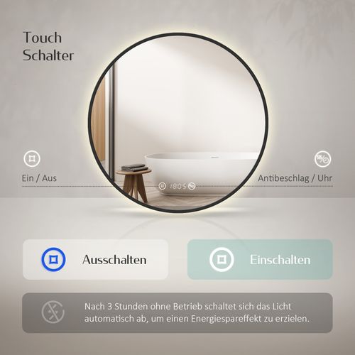 Miroir LED Lumineux Salle De Bain Rond 60cm Anti Buée Horloge Température Neutre Noir