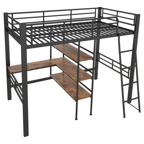 Biqzuya - Lit Mezzanine 90x200 Cm Avec Bureau, étagère, LED, Prises USB - Noir - Sans Matelas