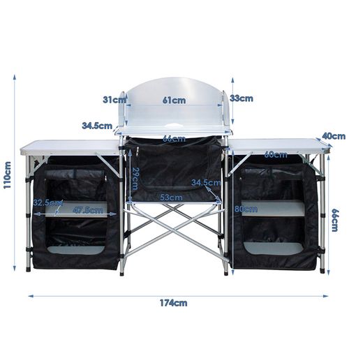 Cuisine De Camping Pliable En Aluminium - Plan De Travail MDF - 3 étagères - Sac De Transport - 110x70x52cm