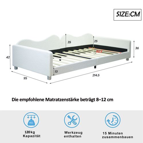 Lit Enfant Lit Banquette 90x200cm Avec Sommier à Lattes Et Dossier, Tissu Teddy, Blanc