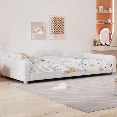 Lit Enfant Lit Banquette 90x200cm Avec Sommier à Lattes Et Dossier, Tissu Teddy, Blanc