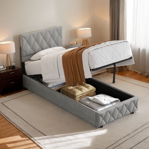 Lit Enfant Lit Coffre 90x190 Cm Lit Simple Avec Sommier à Lattes, Velours, Gris