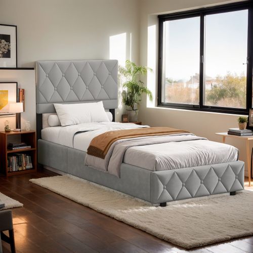 Lit Enfant Lit Coffre 90x190 Cm Lit Simple Avec Sommier à Lattes, Velours, Gris