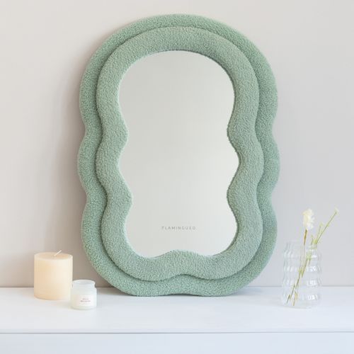 Petit Miroir Mural Asymétrique, Vert, Tissu Teddy, 70 X 50 X 4 Cm