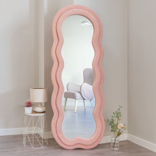 Grand Miroir Sur Pied Asymétrique, Rose, Tissu Teddy, 160 X 60 X 4 Cm