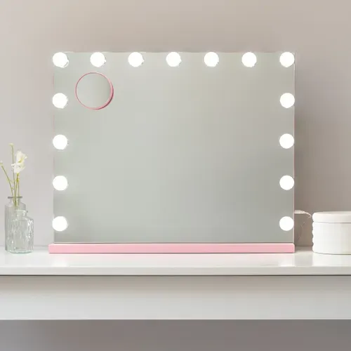 Miroir Maquillage Lumineux, 15 LED, 3 Modes, Rose, Métal, 58 X 48 X 12 Cm