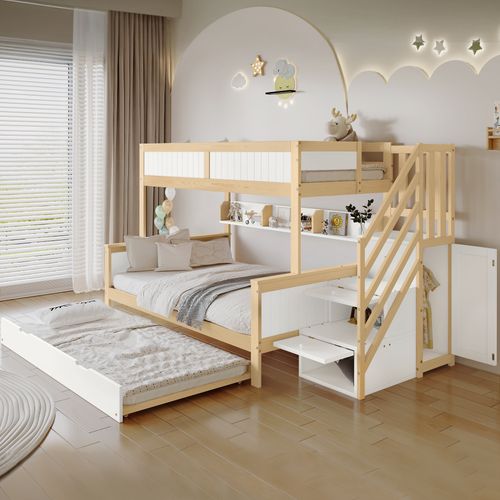 Lit Cabane Enfants 120x200cm , Lit Superposé Avec Lit Escamotable Et Échelle De Rangement , Blanc