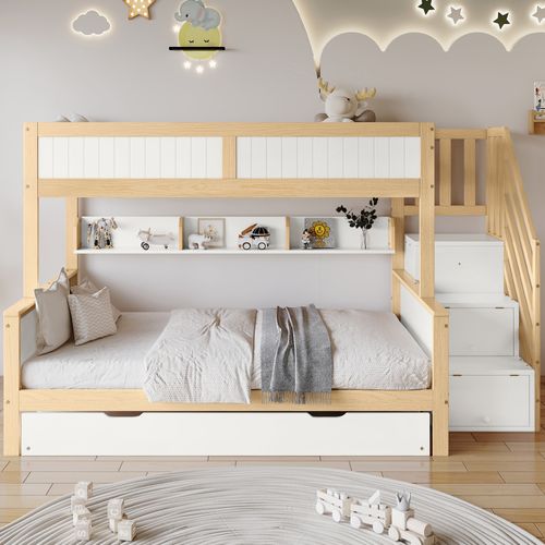 Lit Cabane Enfants 120x200cm , Lit Superposé Avec Lit Escamotable Et Échelle De Rangement , Blanc