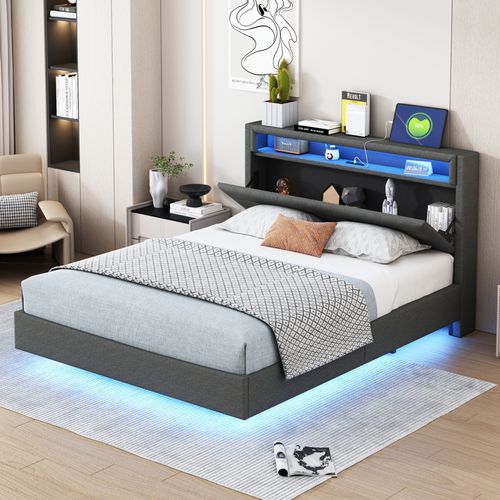 Lit Capitonné 140×200cm, Avec Prise USB Et Éclairage LED, Rangement Chevet, Pieds Cachés, Lin, Gris