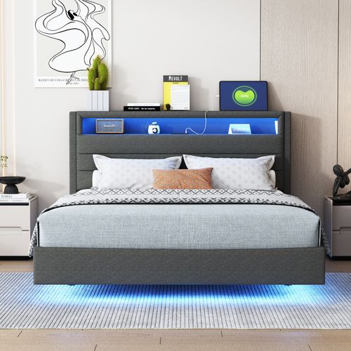 Lit Capitonné 140×200cm, Avec Prise USB Et Éclairage LED, Rangement Chevet, Pieds Cachés, Lin, Gris
