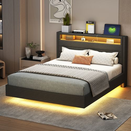 Lit Capitonné 140×200cm, Avec Prise USB Et Éclairage LED, Rangement Chevet, Pieds Cachés, Lin, Gris