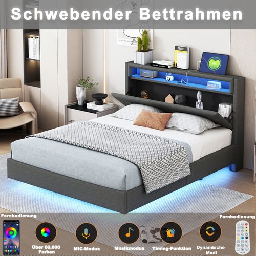 Lit Capitonné 140×200cm, Avec Prise USB Et Éclairage LED, Rangement Chevet, Pieds Cachés, Lin, Gris