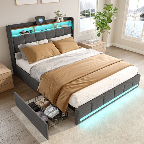 Lit Double 140x200 Cm Avec Sommier, LED Et USB, 4 Tiroirs Et Tête De Lit De Rangement, Lin, Gris
