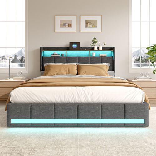 Lit Double 140x200 Cm Avec Sommier, LED Et USB, 4 Tiroirs Et Tête De Lit De Rangement, Lin, Gris