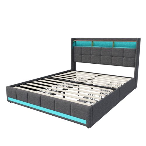 Lit Double 140x200 Cm Avec Sommier, LED Et USB, 4 Tiroirs Et Tête De Lit De Rangement, Lin, Gris