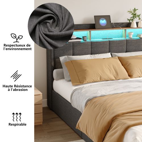 Lit Double 140x200 Cm Avec Sommier, LED Et USB, 4 Tiroirs Et Tête De Lit De Rangement, Lin, Gris