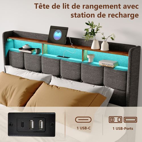Lit Double 140x200 Cm Avec Sommier, LED Et USB, 4 Tiroirs Et Tête De Lit De Rangement, Lin, Gris
