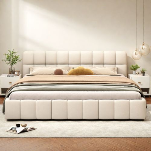 Lit Bubble 160 X 200 Cm Avec Sommier à Lattes Et Dossier, Lit Double Rembourré, Lin, Beige