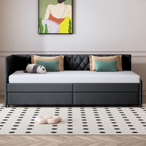 Lit Gigogne 90/180x200 Cm - Avec Sommiers à Lattes En Tissu Velours - Gris