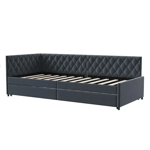 Lit Gigogne 90/180x200 Cm - Avec Sommiers à Lattes En Tissu Velours - Gris