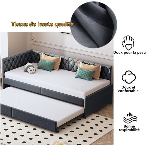 Lit Gigogne 90/180x200 Cm - Avec Sommiers à Lattes En Tissu Velours - Gris