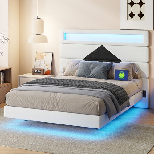 Lit Double Rembourré 140x190 Cm, Lits 2 Personnes Avec LED Et USB, Avec Sommier à Lattes, Blanc
