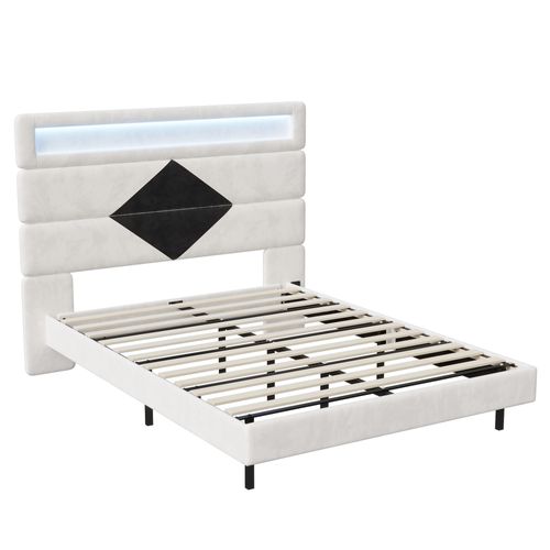 Lit Double Rembourré 140x190 Cm, Lits 2 Personnes Avec LED Et USB, Avec Sommier à Lattes, Blanc
