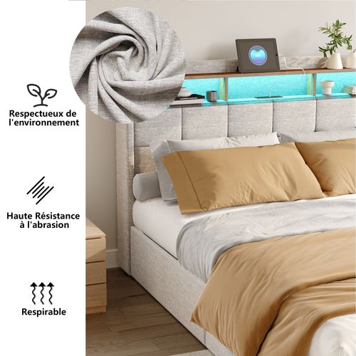 Lit Double 140x190 Flottant Avec LEDs Et Rangements - Design Moderne, Tête De Lit Escamotable, Ports USB/Type-C - Blanc PU - 9