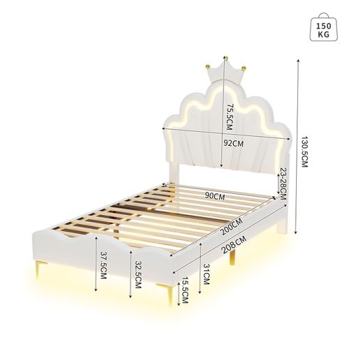 Lit Rembourré Pour Enfant 90 X 200 Cm Avec LED, Lit De Princesse Couronne, En Polyuréthane, Blanc