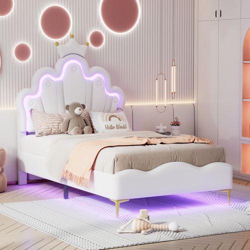 Lit Rembourré Pour Enfant 90 X 200 Cm Avec LED, Lit De Princesse Couronne, En Polyuréthane, Blanc