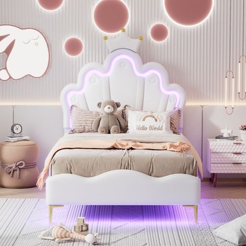 Lit Rembourré Pour Enfant 90 X 200 Cm Avec LED, Lit De Princesse Couronne, En Polyuréthane, Blanc