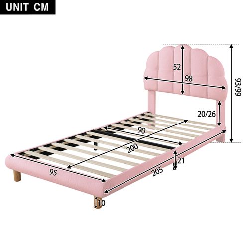 Lit Simple Rembourré Avec Sommier à Lattes En Bois, 90x200cm Lit D'enfan Avec Tête De Lit, Rose