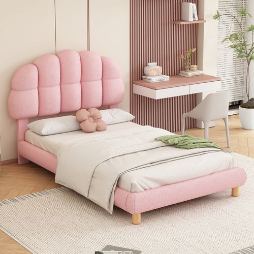 Lit Simple Rembourré Avec Sommier à Lattes En Bois, 90x200cm Lit D'enfan Avec Tête De Lit, Rose