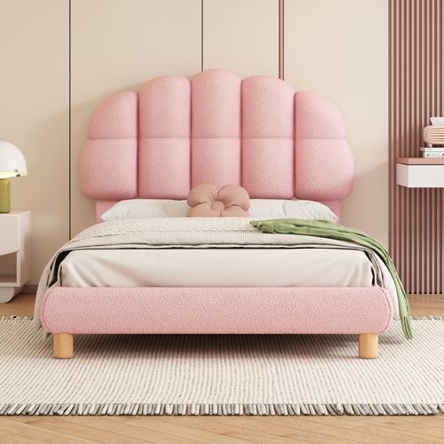 Lit Simple Rembourré Avec Sommier à Lattes En Bois, 90x200cm Lit D'enfan Avec Tête De Lit, Rose